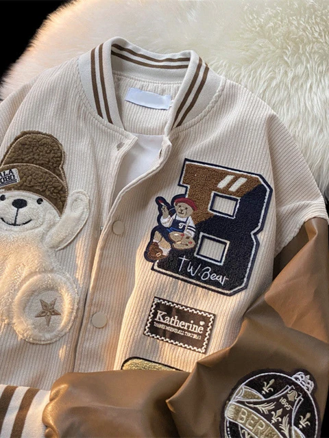 Gmiixder Japan Embroidery Baseball Jacket Kawaii Bear Flocking Top Unisex  Spring Autumn Vintage Patchwork Corduroy Button Coat