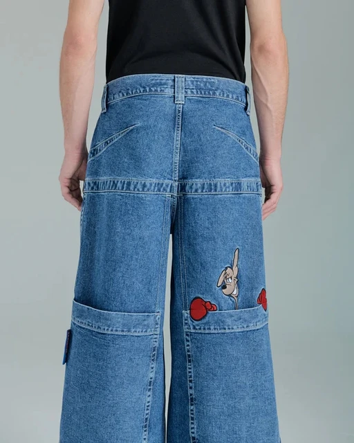JNCO Jeans Hip Hop Embroidered Pattern Retro Blue Loose Oversized Jeans Men  Women Harajuku High Street High Waisted Wide Pants - AliExpress