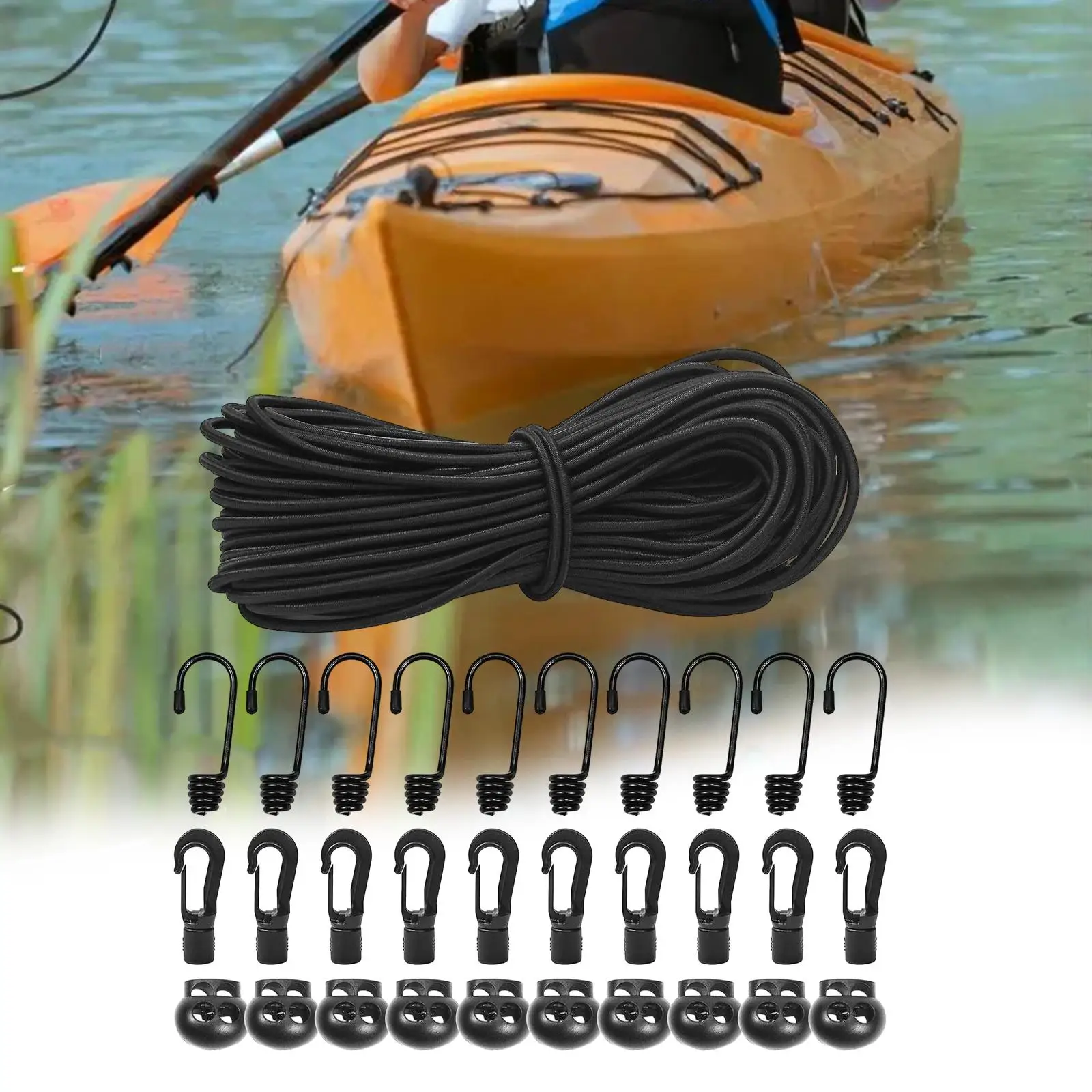 Elastic Bungee Shock Cord Canopy Tarp Cord 15M Length Kayak Bungee Kit for Outdoor Activities Water Sports Camping Boat