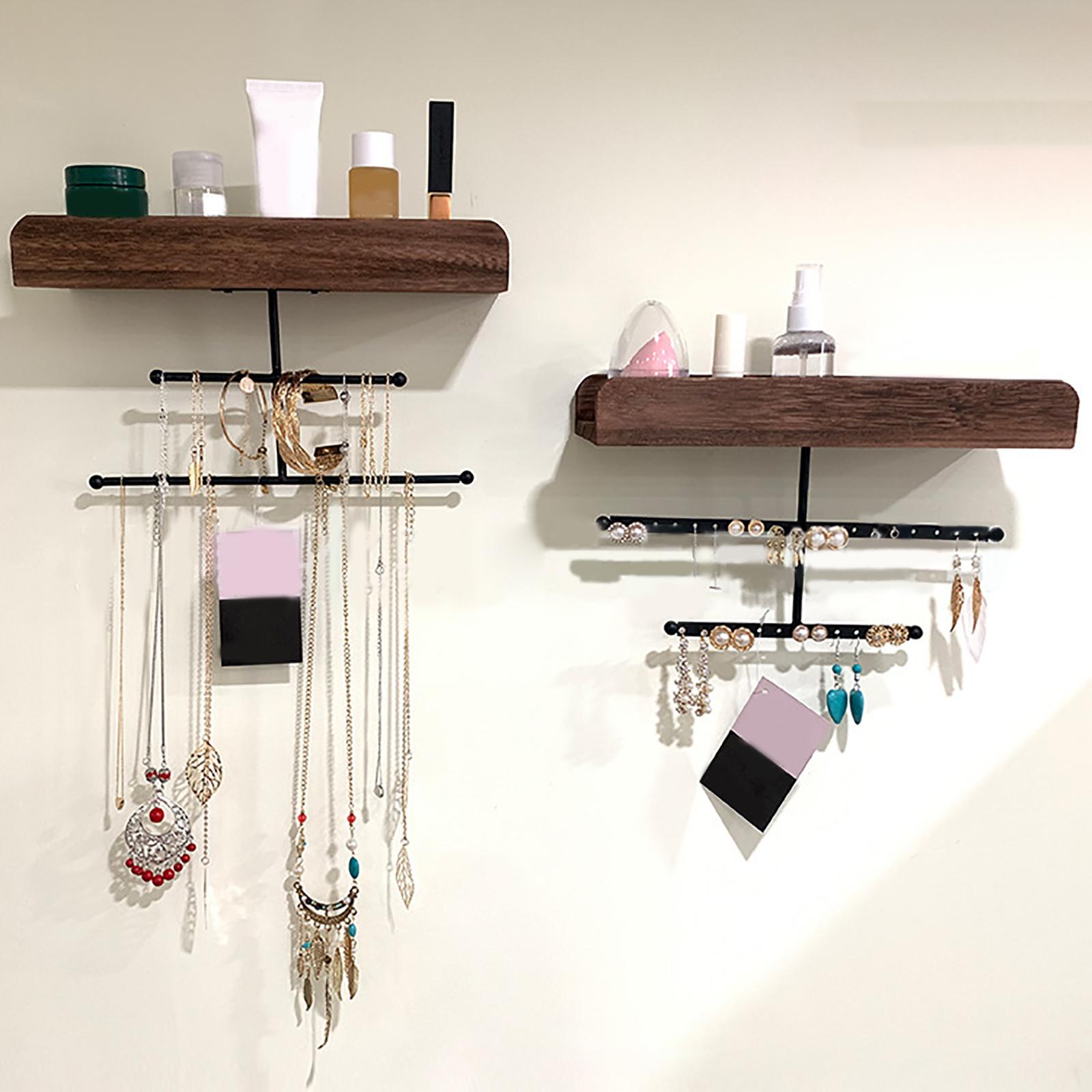 2x Hanging Wall Mounted Jewelry Organizer Rustic Wood Elegant Rack for Rings Watch