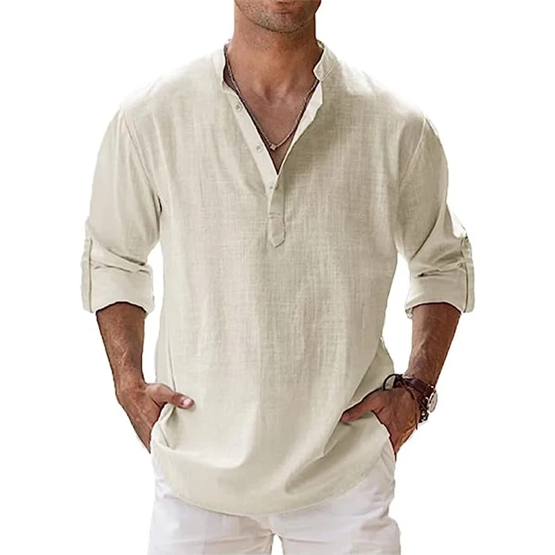 Aueoeo Mens Beach Shirts, Men's Baggy Henley T-Shirt Cotton Linen