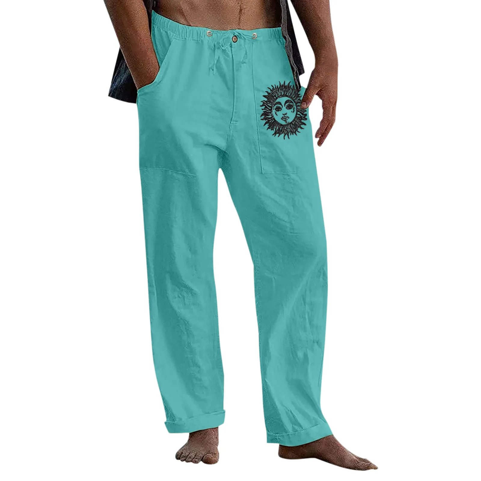 Tanie Męskie spodnie dorywczo słońce drukowane pełnej długości kieszeń na guzik spodnie ściągane sklep