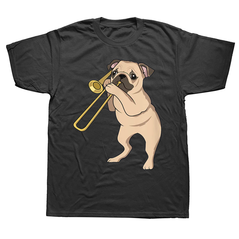 Mops Hund Spielen Posaune Für Messing Spieler Hundeliebhaber T Shirts Grafik Baumwolle Streetwear Kurzarm Geburtstag Geschenke T-shirt Männer – Detail 2