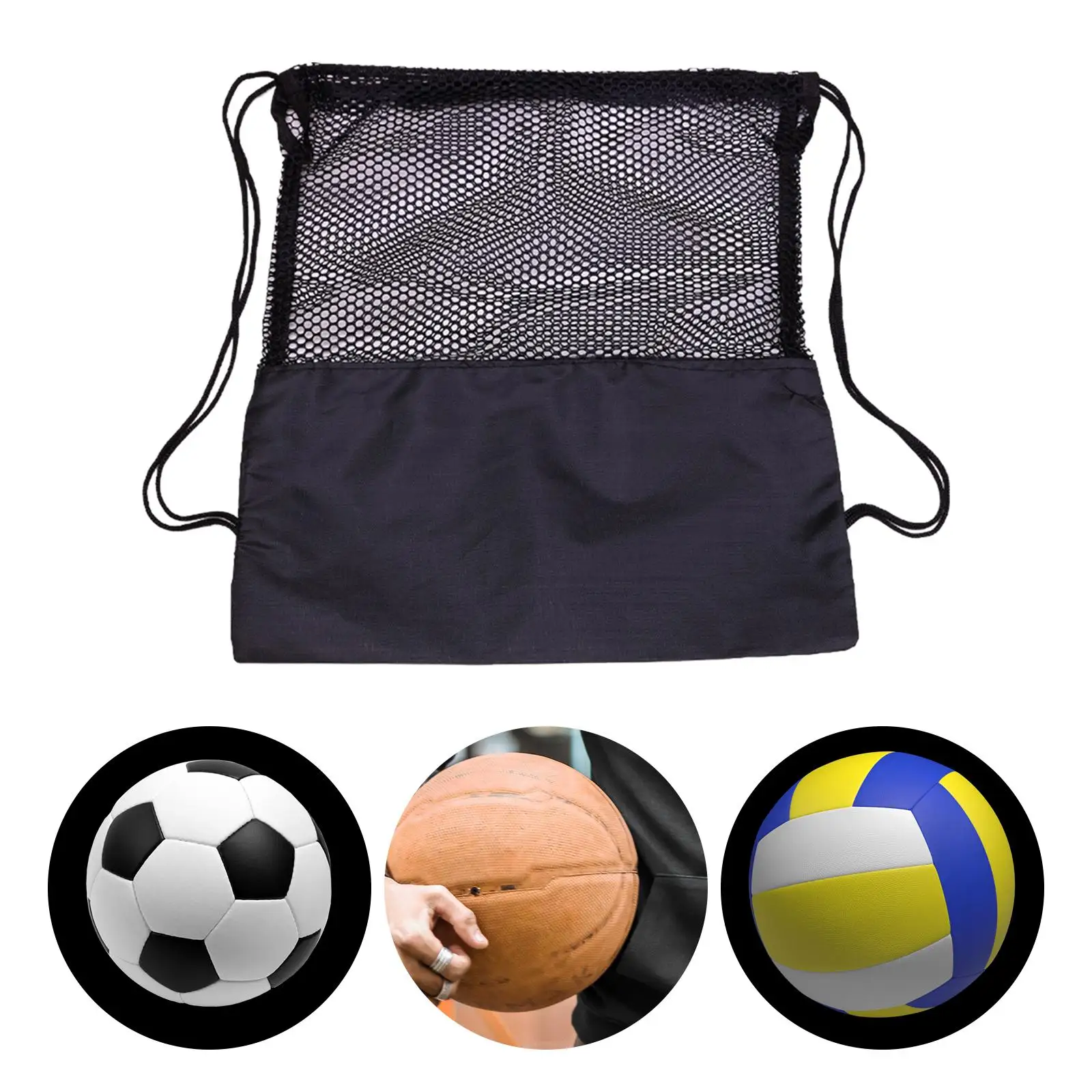 Drawstring Backpack Durable Oxford Cloth Gym Bag Black Portable Basketball Mesh Bag for Football Swimming Travel Rugby Softball