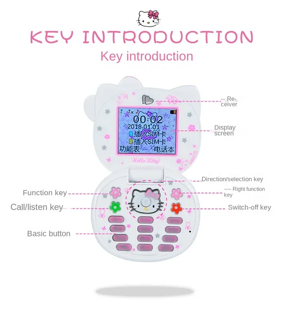 2023 New Kawaii Sanrio Hello Kitty Flip Phone Cartoon Cute Children White  Pink Mini Phone Birthday