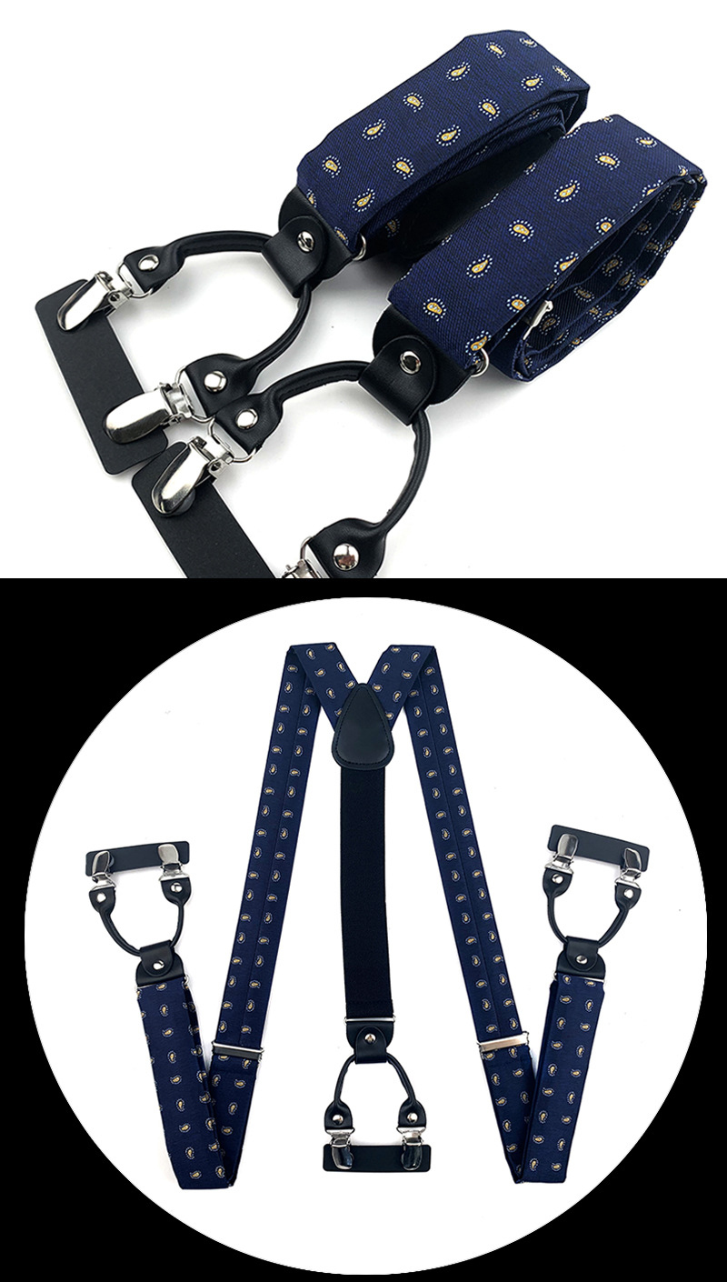 VEEKTIE Brand Suspender For Men 6 Snap Hooks Y-back Adjustable Jacquard Floral Check Shirts Paisley Yellow Blue Vintage Retro