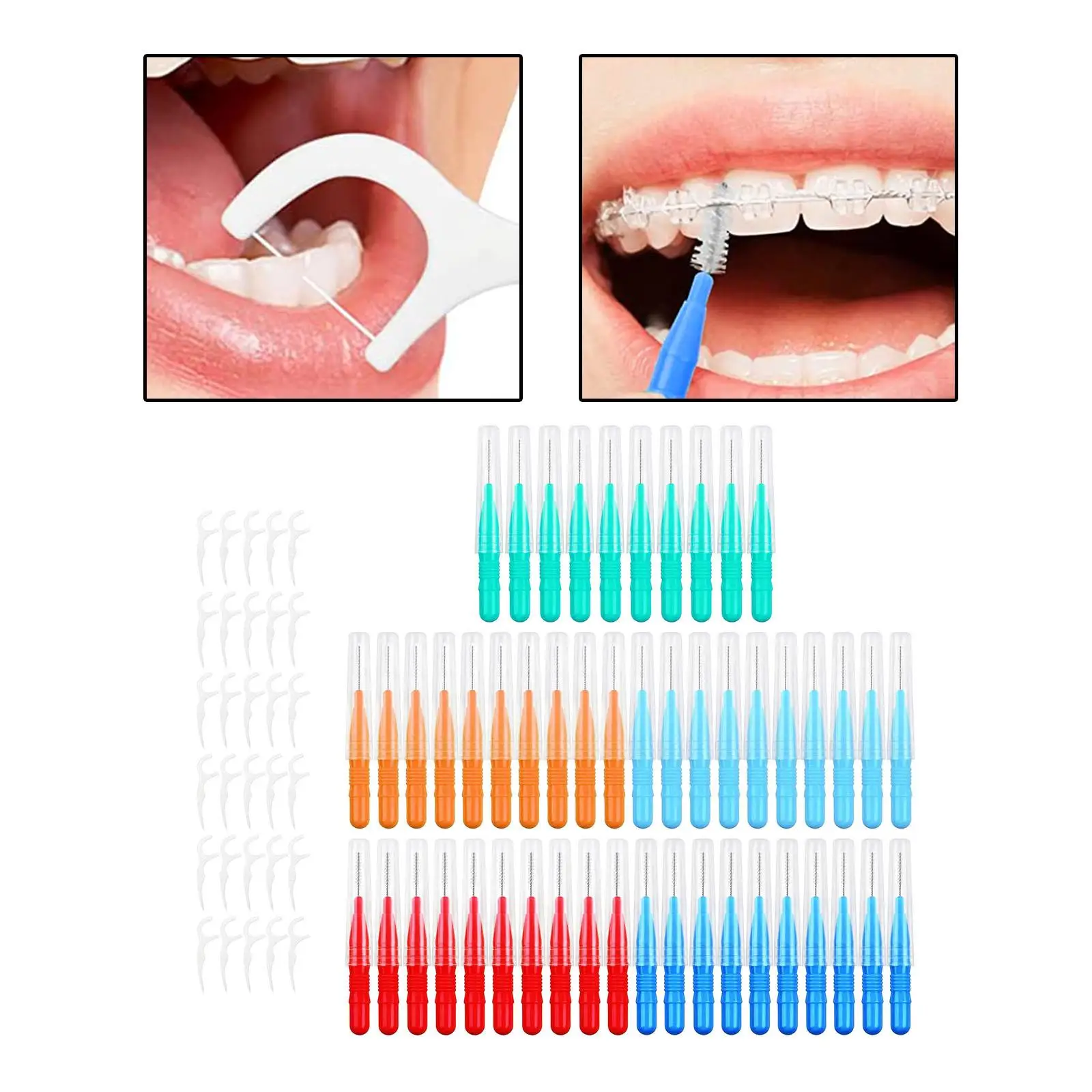 50Pcs Interdental Brushes 2mm 2.5mm 3mm for Cleaning Gaps Between Teeth 30x Floss Flossers Teeth Cleaners 