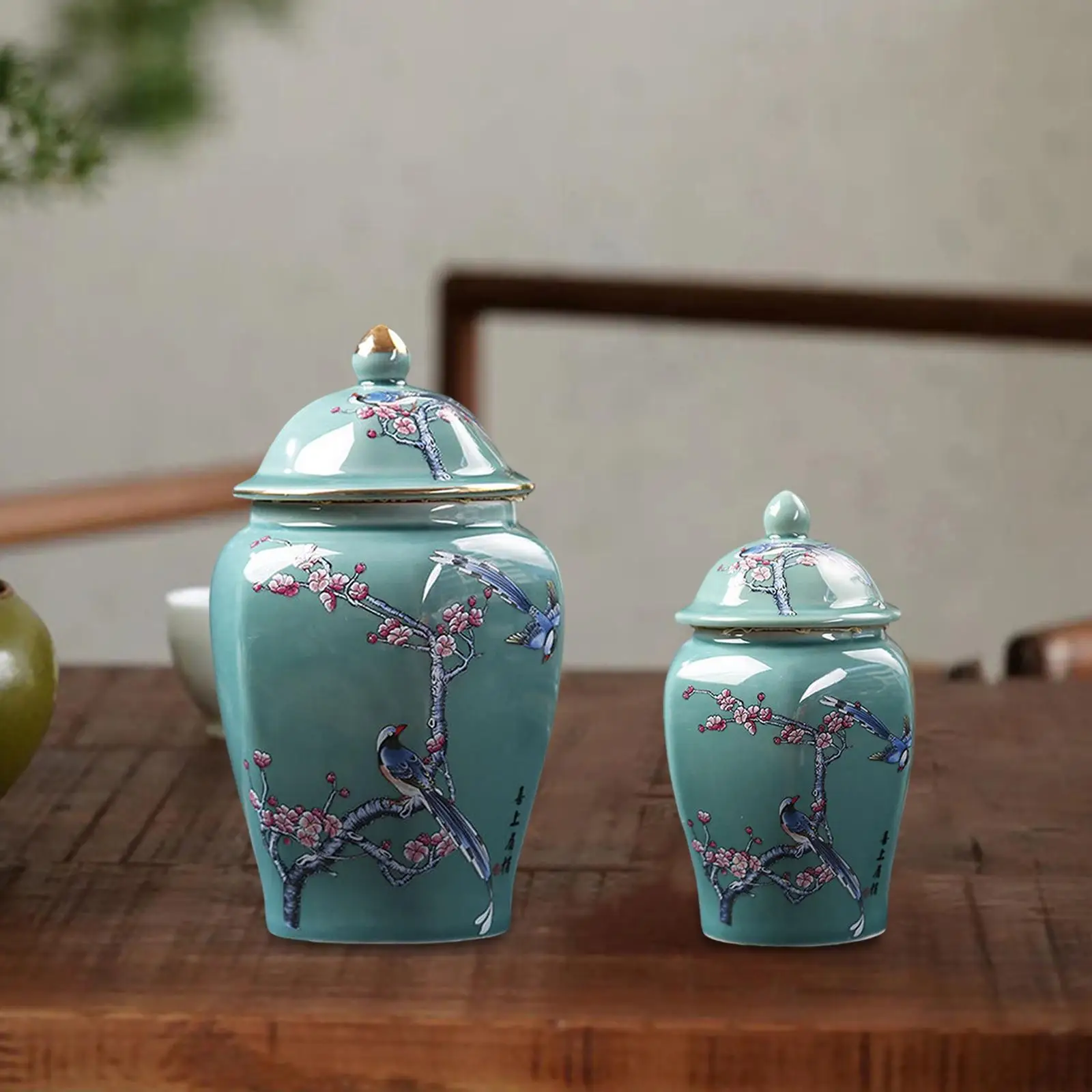 Classical Vase Tea Tin with Lid Candy Holder Decor Office Ceramic Ginger Jar