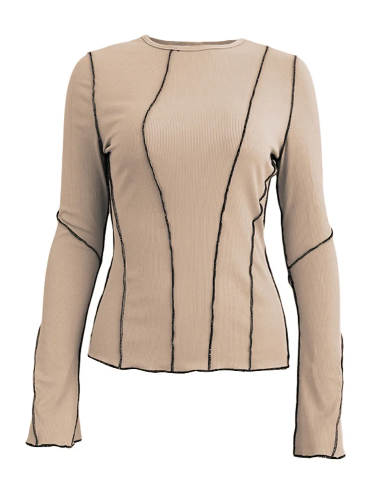 chronstyle mulheres retalhos chique casual manga longa alargamento em torno do pescoço de malha com nervuras camisas primavera outono rua topo