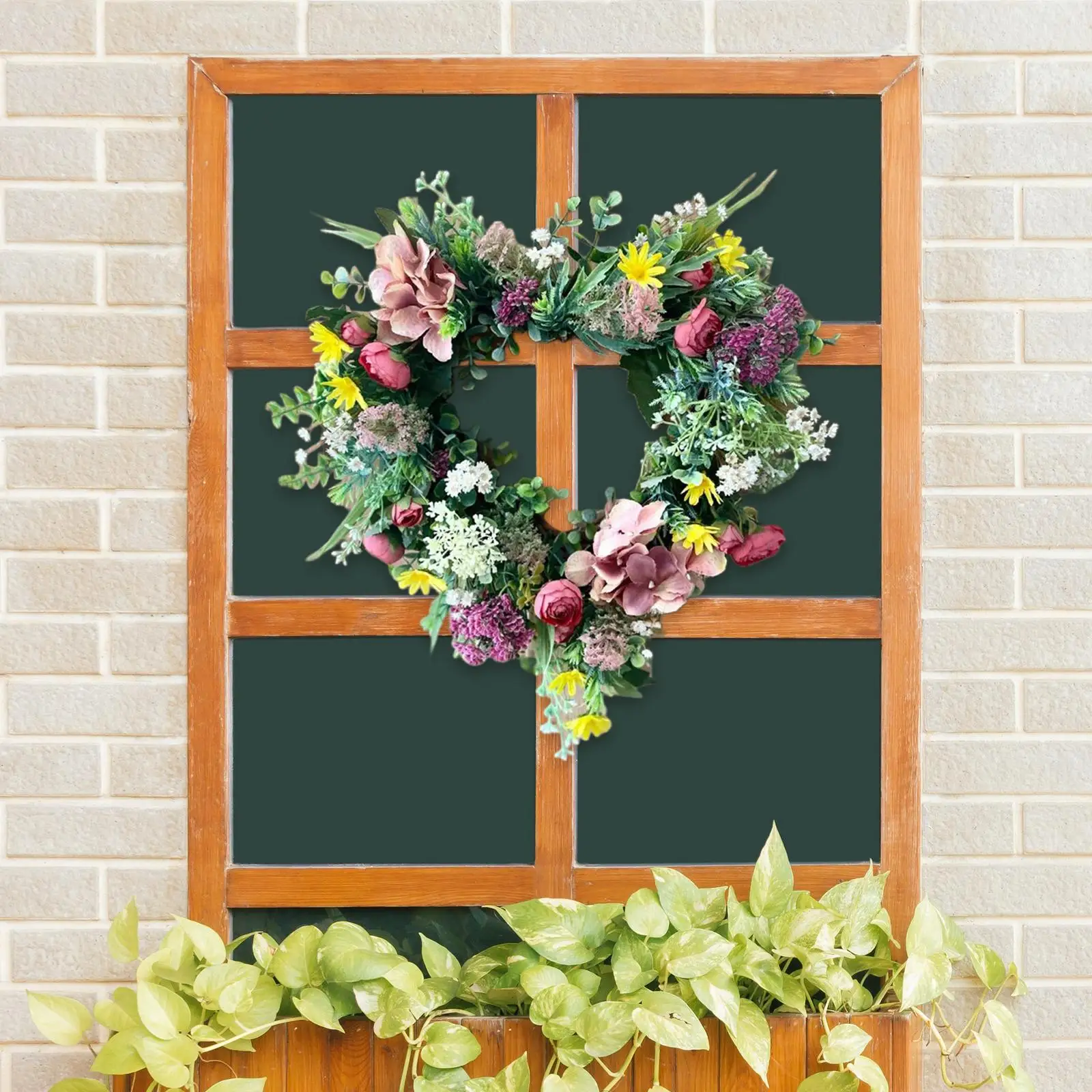 16 Inch Front Door Wreath Green Leaves Heart Garland for Indoor Outdoor Home