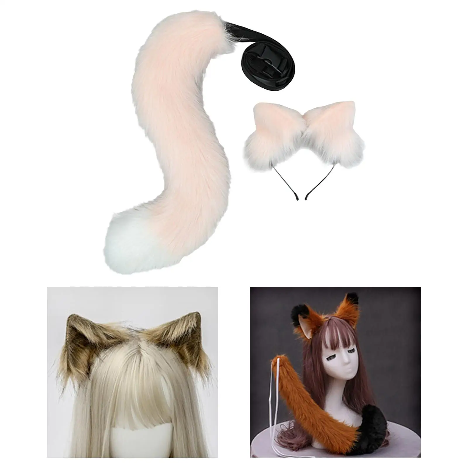 2x Faux Fur Animal Fox Ears Headband & Tail Costume Kit Anime Cosplay Plush Fox Ears and Tail Set Halloween Fancy Dress Prop