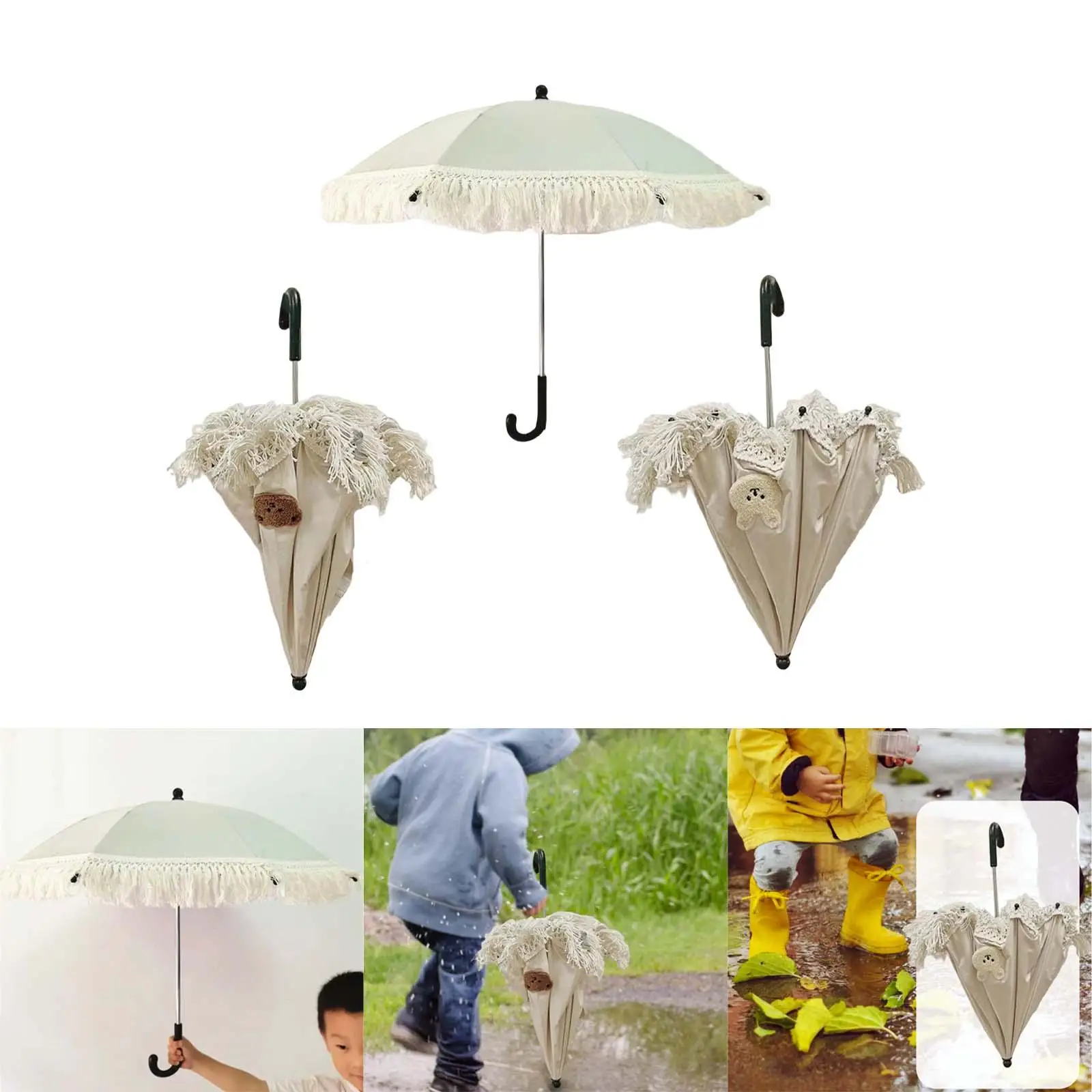 Baby Parasol with Tassel Children`s Outdoor Umbrellas J Hook Handle Bohemian Kids Umbrella for Photography Props Boys and Girls