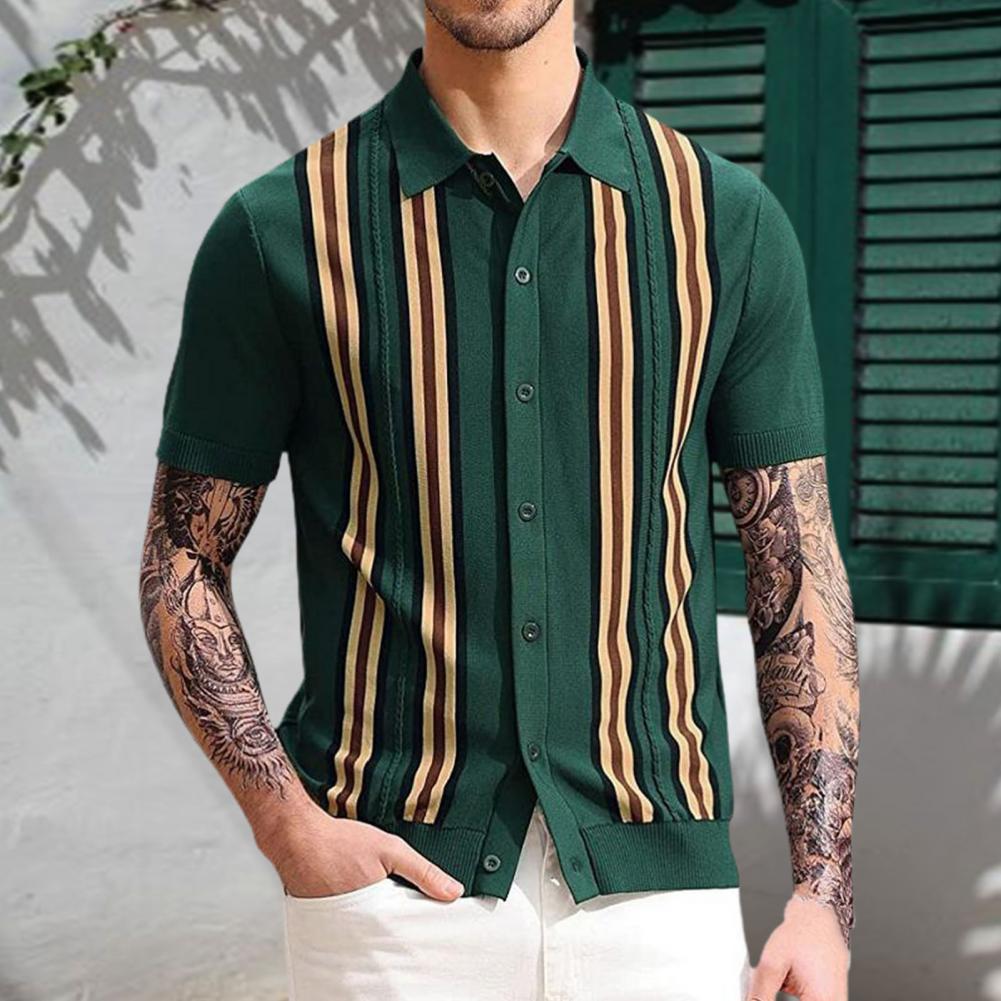 Men's Summer Knitted Shirt Contrast Color Single breasted Short Sleeve Stripe Print Knitted Summer Tops Male Clothes 13 S210aed67507d4d5ab151f71bfbb58eb6W