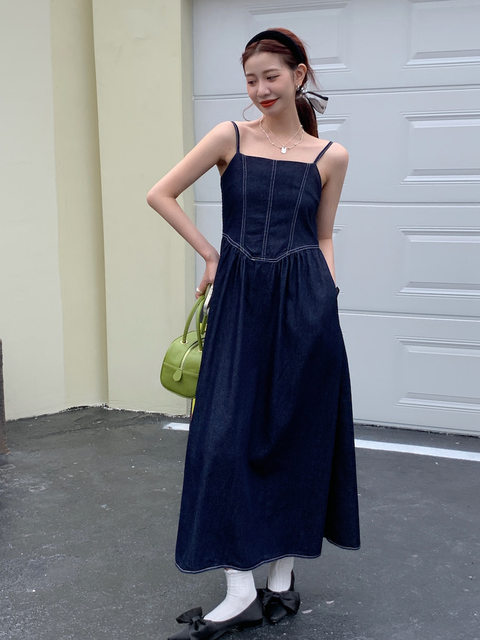 Korejpaa Vintage Denim Dress Women Elegant Square Collar Ruched