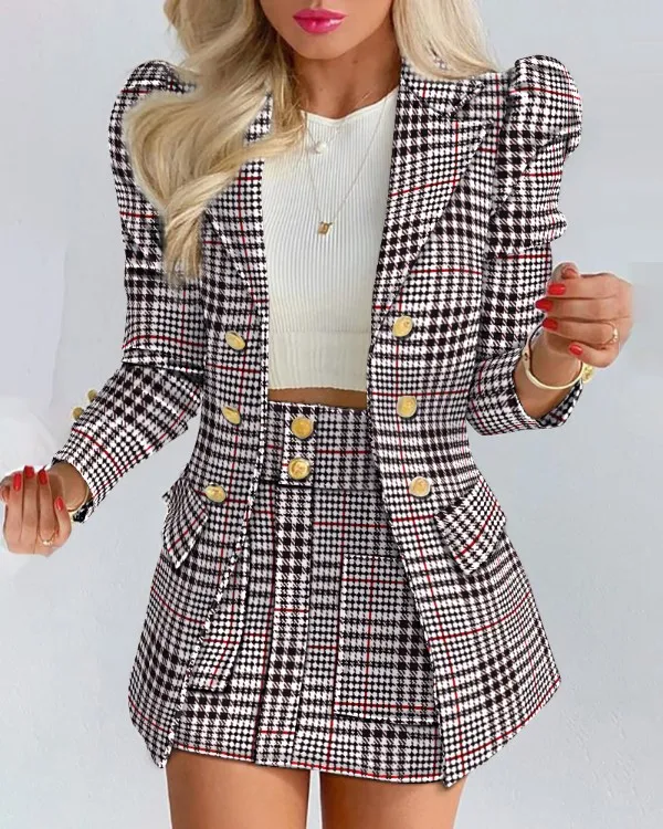 Women's Spring Long Sleeve Solid Color Jacket with Mini Skirt Two-piece Suit Tailleur Femme Blazer and Set Dress Free Shipping
