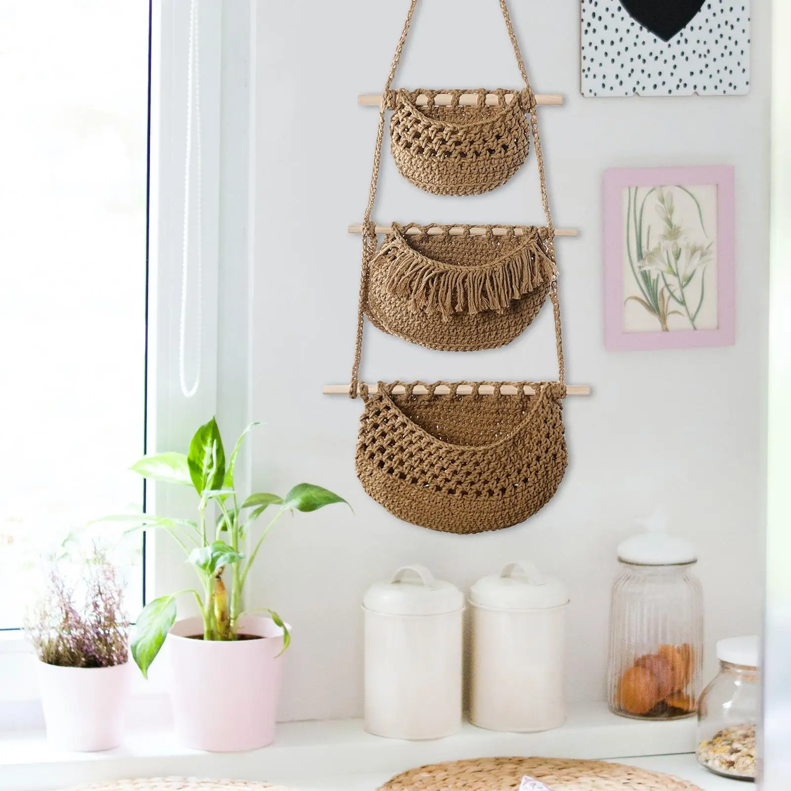 Hanging Fruit Baskets Multipurpose 3 Tiers Storage Basket Woven Wall Baskets for Organizing Potato Vegetables Onion Kitchen