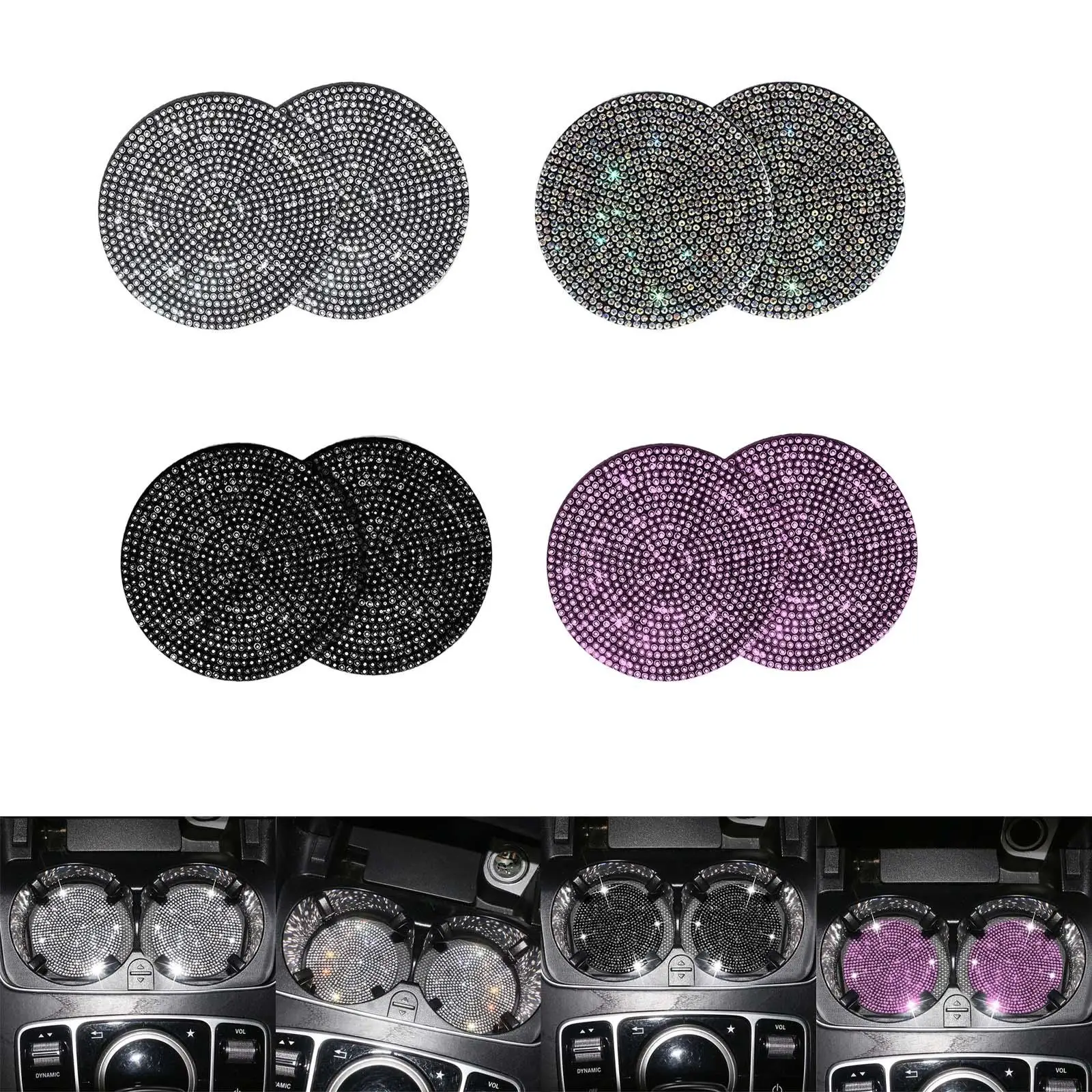 2x Bling Car Cup Holder Coaster Crystal Rhinestone Automobile 2.76 inch Luxury Most Cars Auto Anti Slip Mat Pad for Women Men