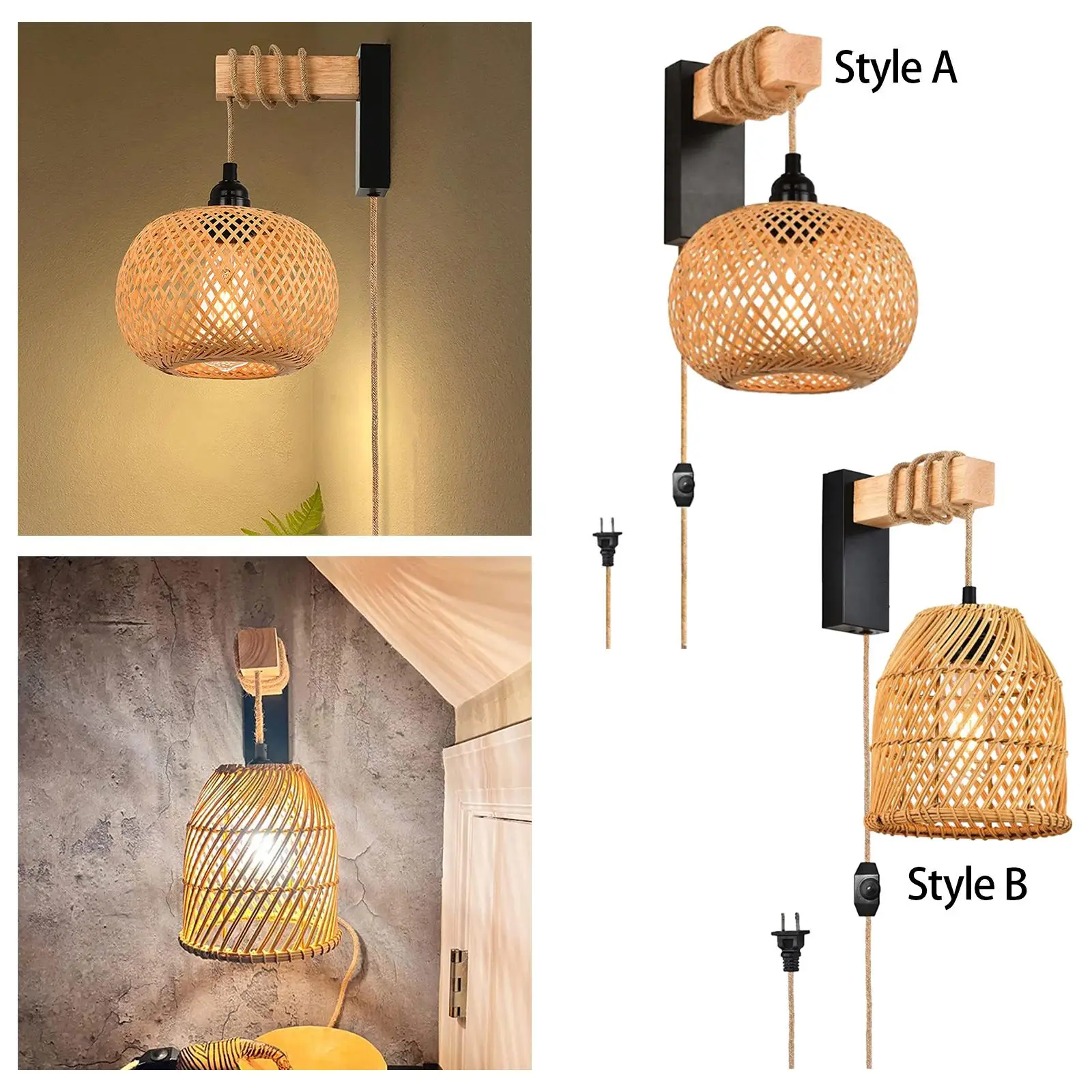 Wall Lamp with Wood Arm Bamboo Rustic Lantern Wall Light Plug in Wall Sconce for Bedroom Living Room Hotel Cafe Farmhouse