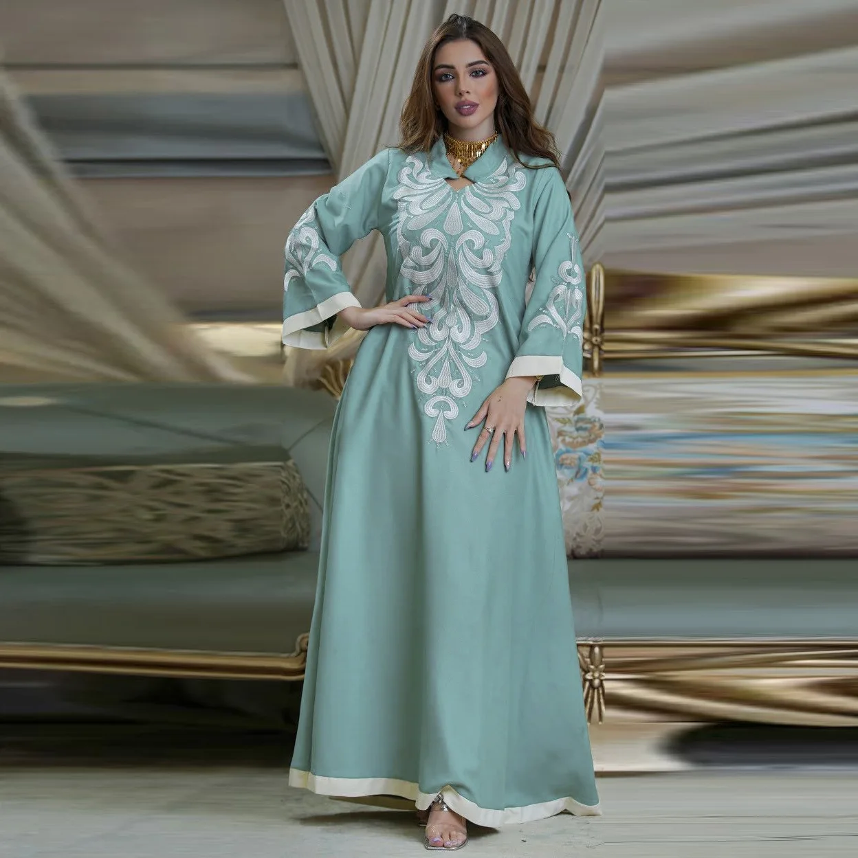 Muslim Arabic Printed Flower Dress Women Chic Middle Eastern Puff Sleeve  Robe Female With Belt Elegant All Seasons Long Dresses - AliExpress