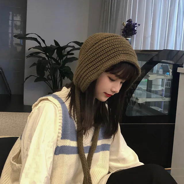 Knitted Hat Hip Hop Ripped Flanging Metal Ring Solid Color Keep Warm Woolen  Yarn Autumn Winter Women Beanie Cap 