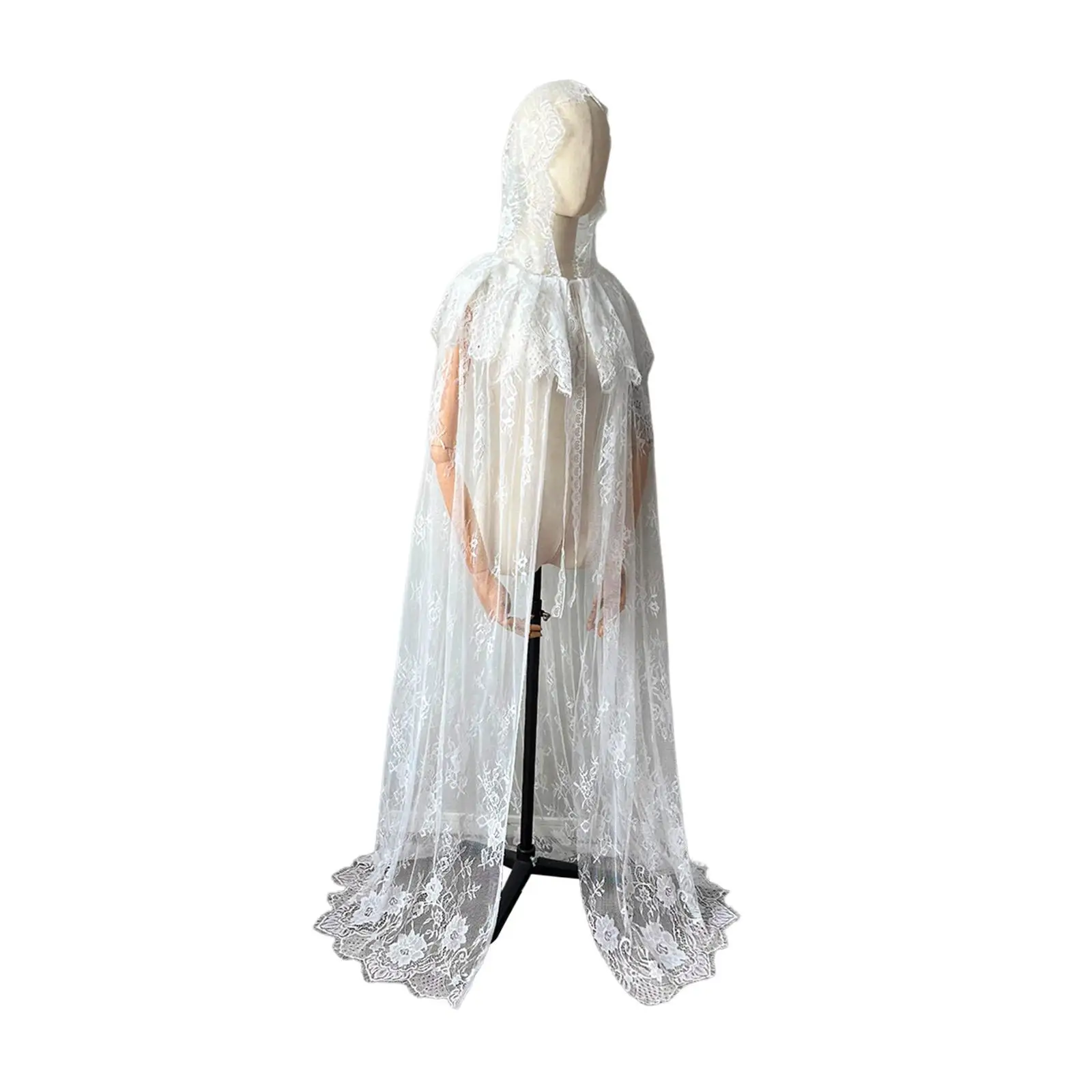 Hooded Cloak Long Cape Halloween Costume Graceful Lace Cape for Ball Stage Performances Medieval Costumes Masquerade Dress up
