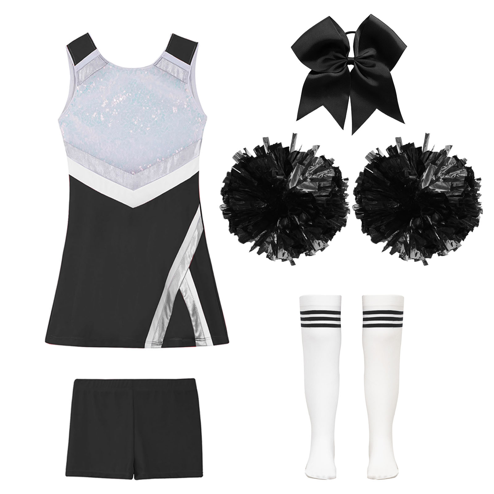 Cheerleader-Kostüm für Mädchen, Cheerleading-Uniform, modernes Tanzoutfit, glänzendes Paillettenkleid mit Shorts, Tanzkleidung – Detail 19