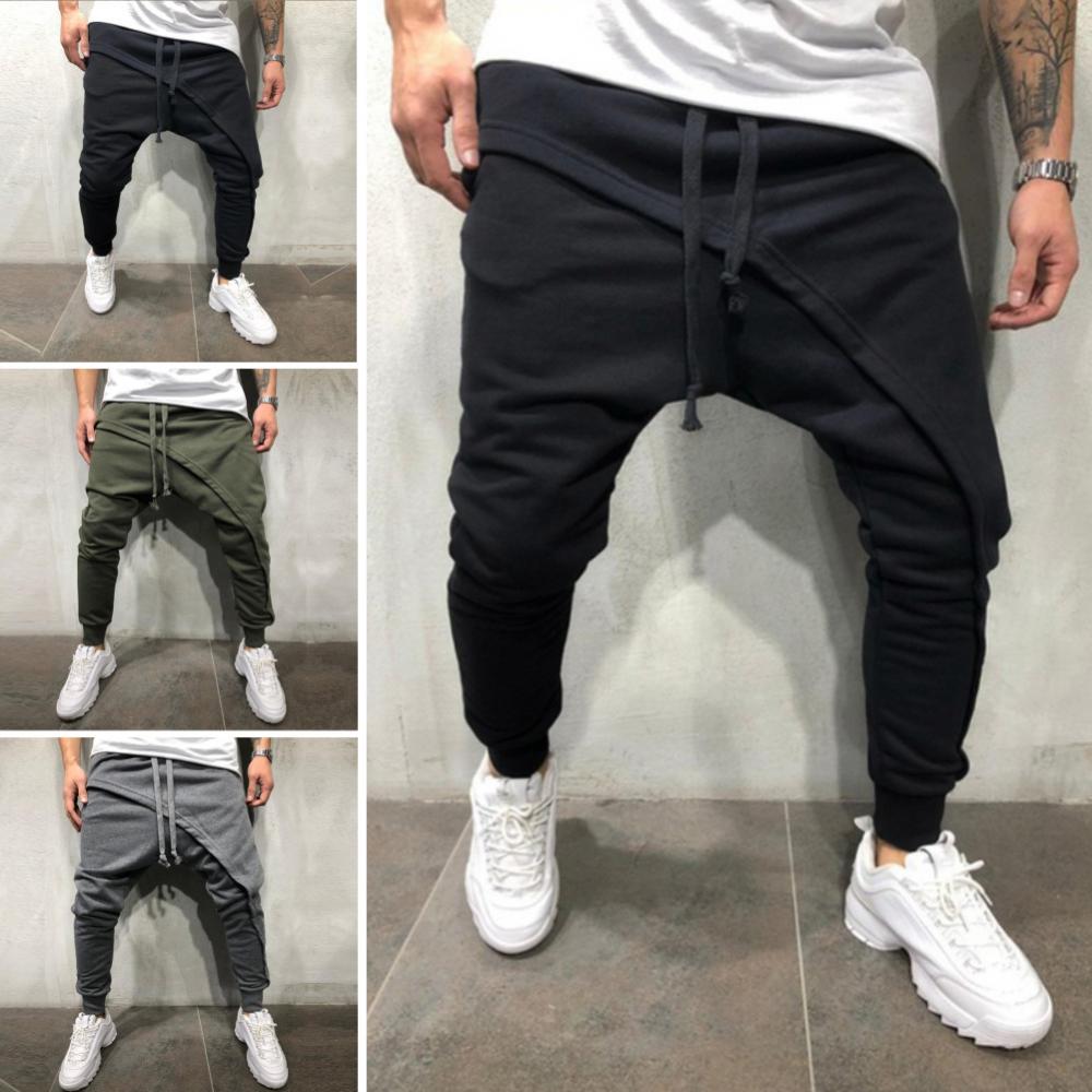 Description Picture 2 of itemSolid Color Pant Pants Sporty Long Men Drawstring Asymmetric Double Layer Running Pants