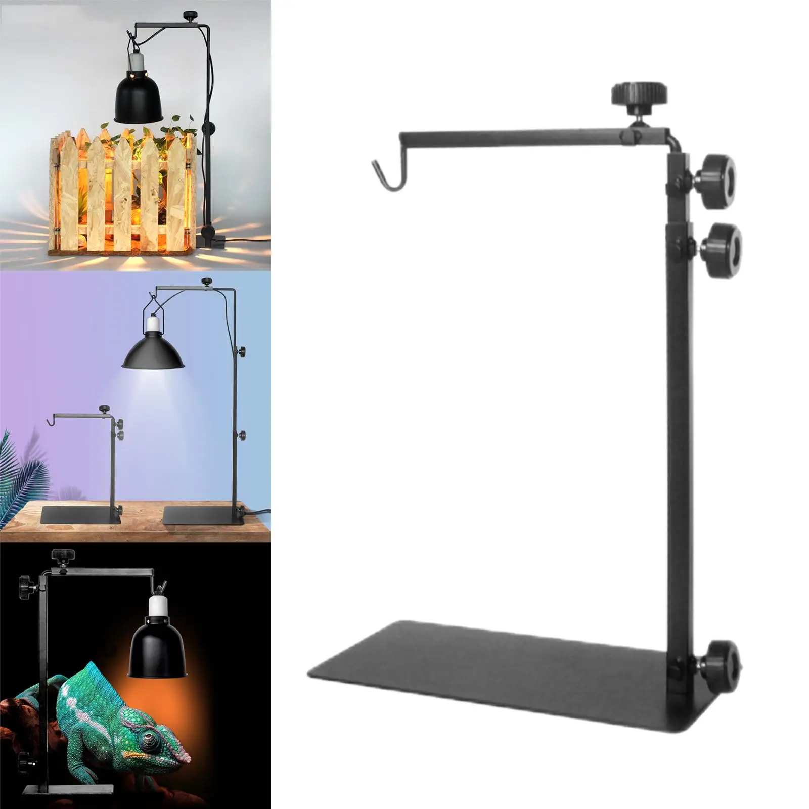 Reptile Lamp Stand Adjustable Floor Light Holder Landing Bracket Metal Support for Heating Shelf Base Black Practical Durable 