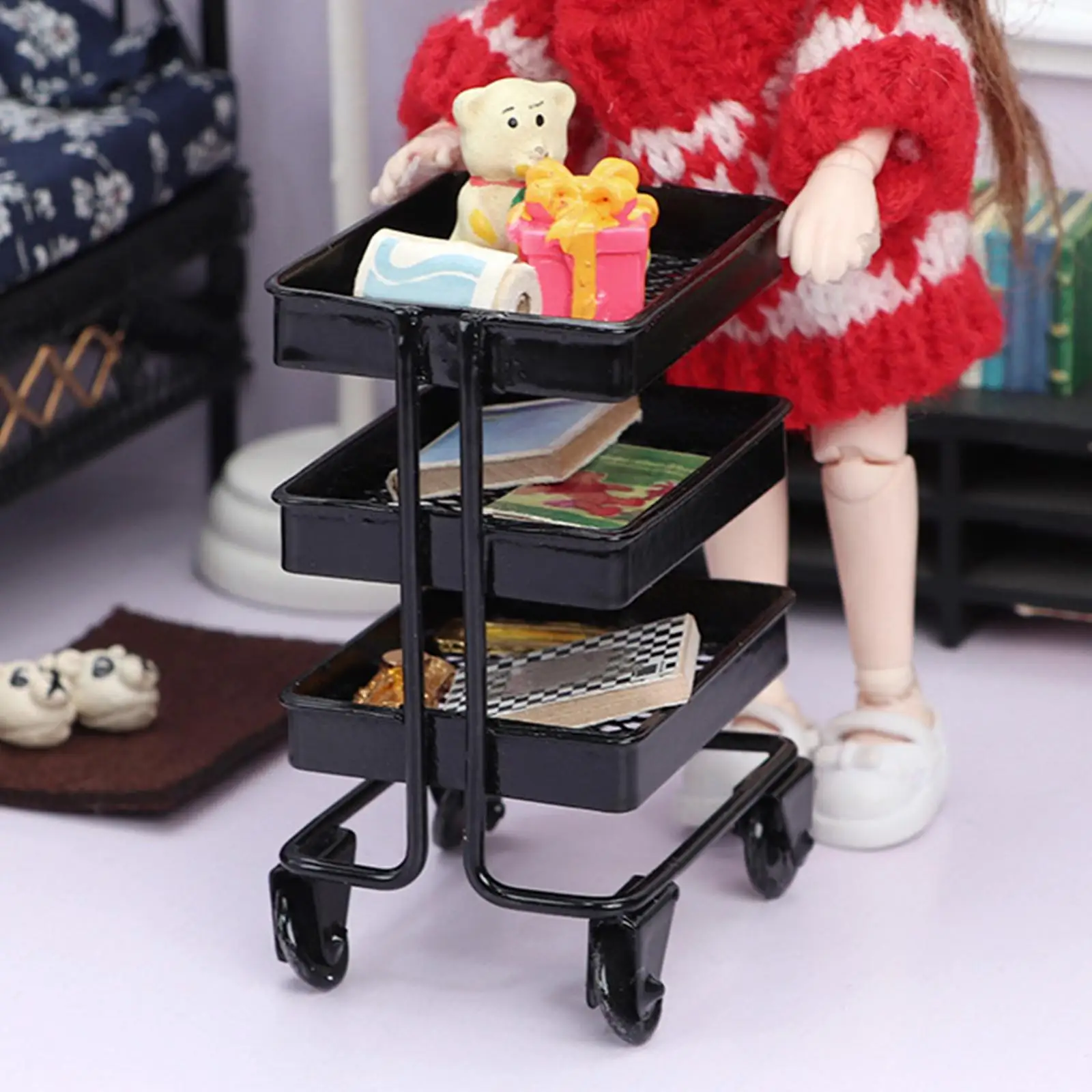 1/12 Dollhouse 3 Tier Miniature Rolling Cart Storage with Wheels Decoration