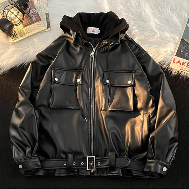 Gmiixder American Retro PU Leather Hooded Jacket for Men's Spring