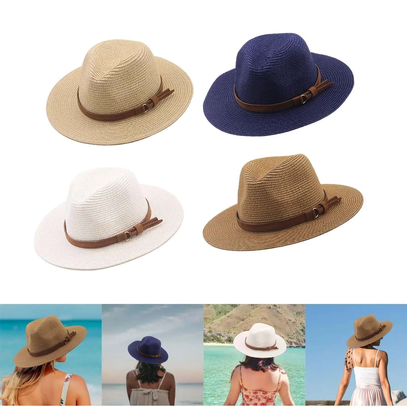 Unisex Wide Brim Sun Hat Panama Sunhats Sun Visor Fashionable Beach Bohemia Straw Hats for Outdoor Travel Camping Holiday Hiking