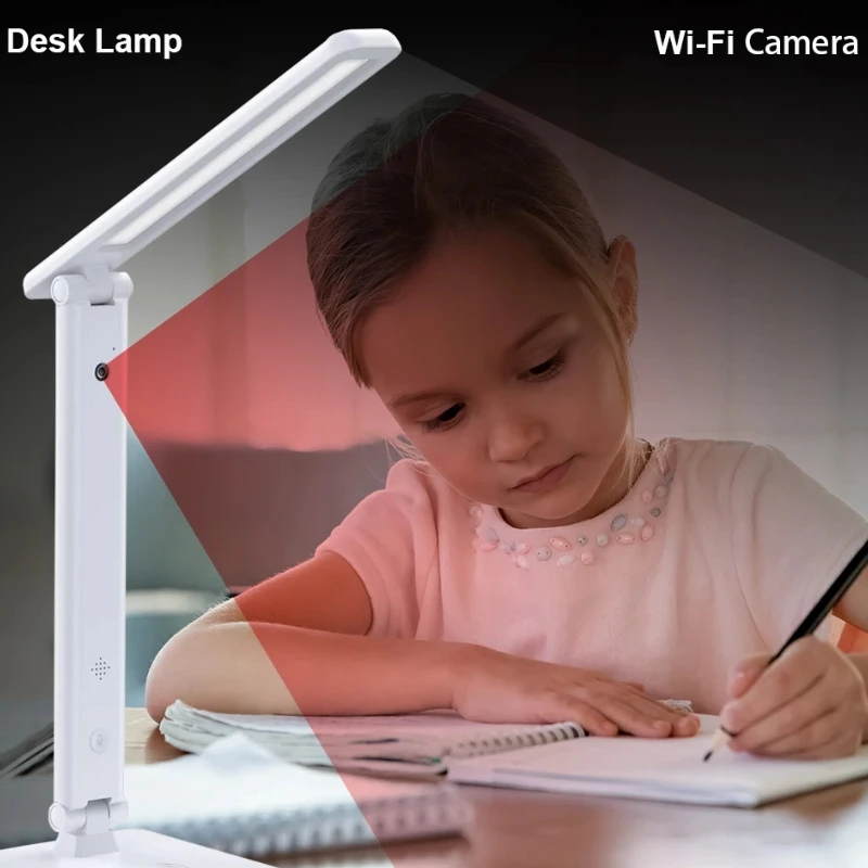 A child is doing homework while getting light from SpyCam Desk Lamp.