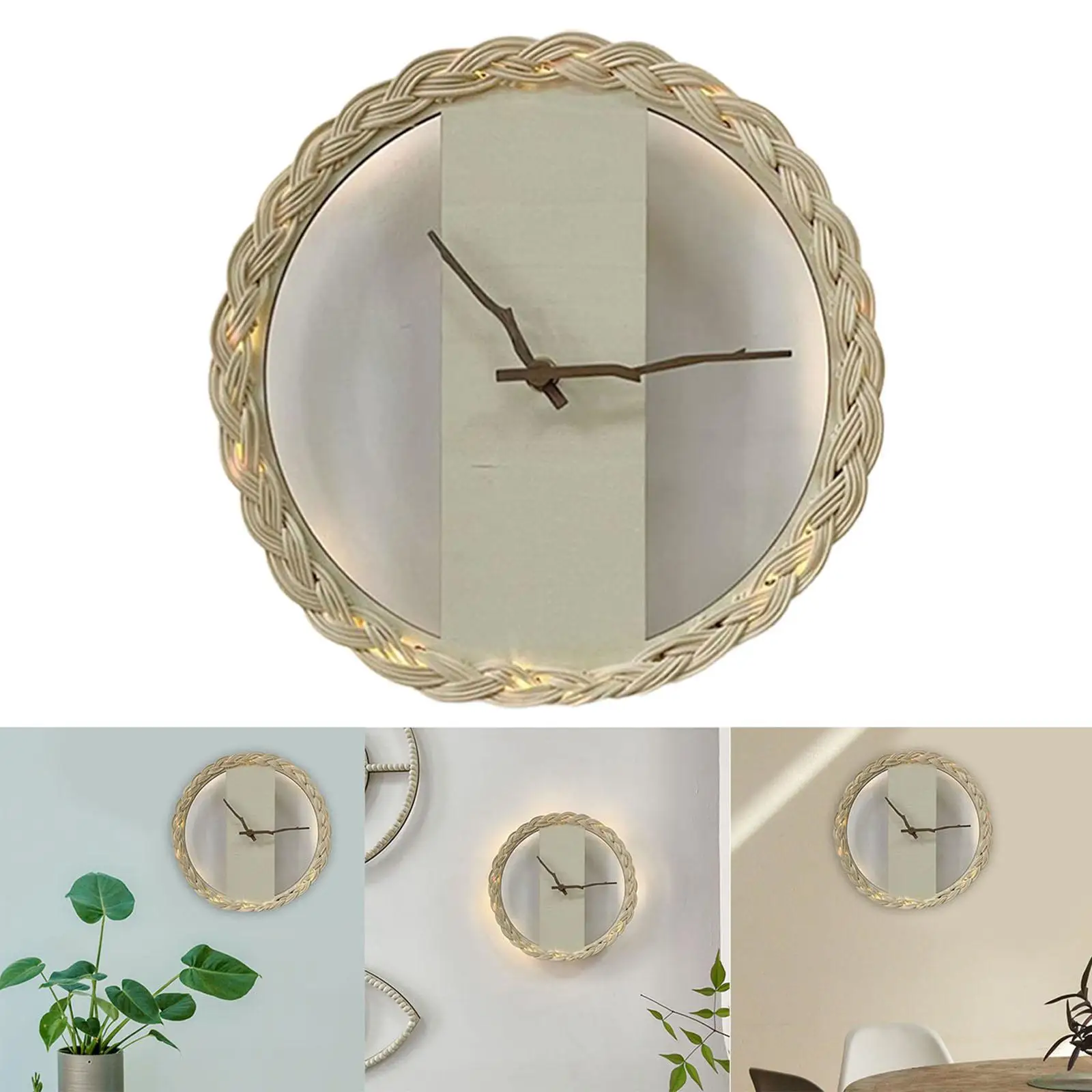 Round Rustic Woven Clock Quiet Wooden Durable Wooden Woven Round Boho Clock for Office Bathroom Restaurant Home Decoration
