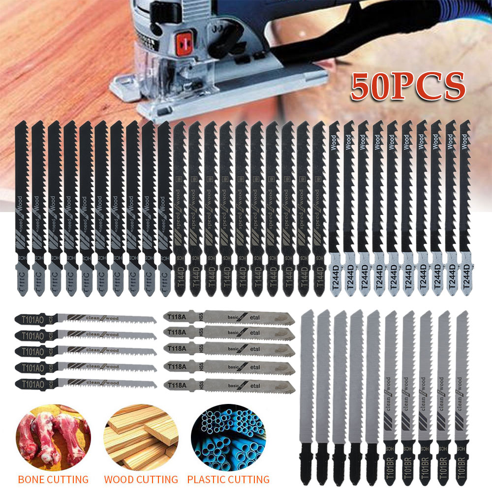 Description Picture 2 of item50Pcs Jig Saw Blade Set HCS Assorted Blade T-shank Fast Cut Down Jigsaw Blade Jig Saw Cutter for Thin Metal Wood Plastic Cutting