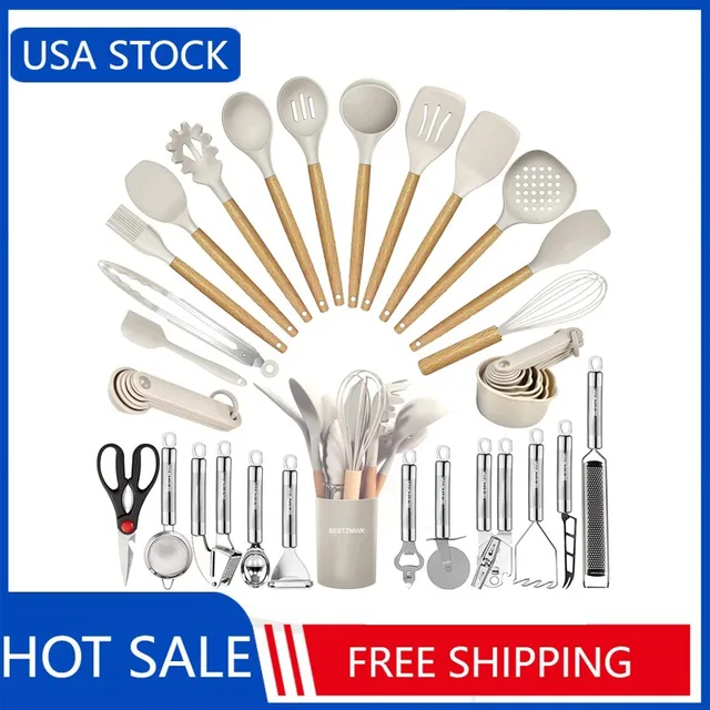  Kitchen Utensils Set- 35 PCs Cooking Utensils with  Grater,Tongs, Spoon Spatula &Turner Made of Heat Resistant Food Grade  Silicone and Wooden Handles Kitchen Gadgets Tools Set for Nonstick Cookware  : Home