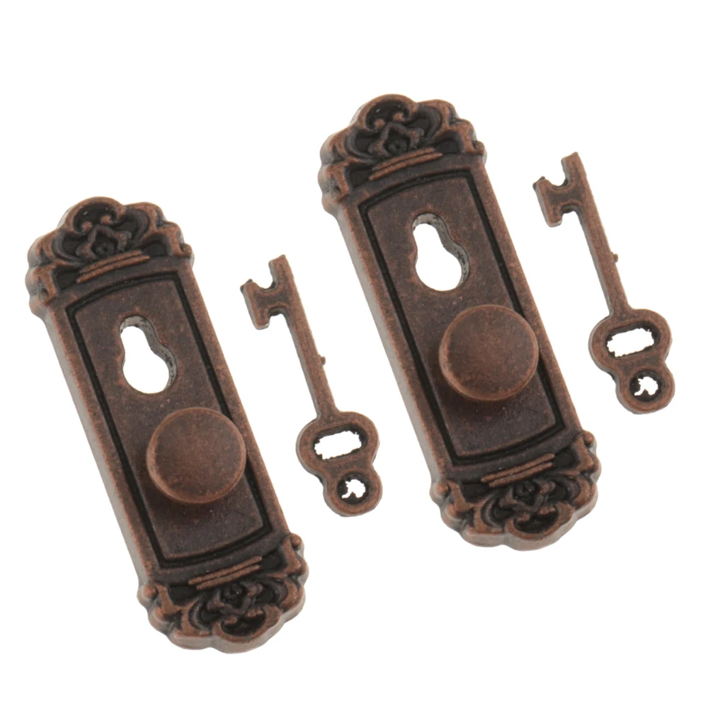 12th Scale Metal Door Handle Knob Plate And 2 Piece Miniature Dollhouse Key Set