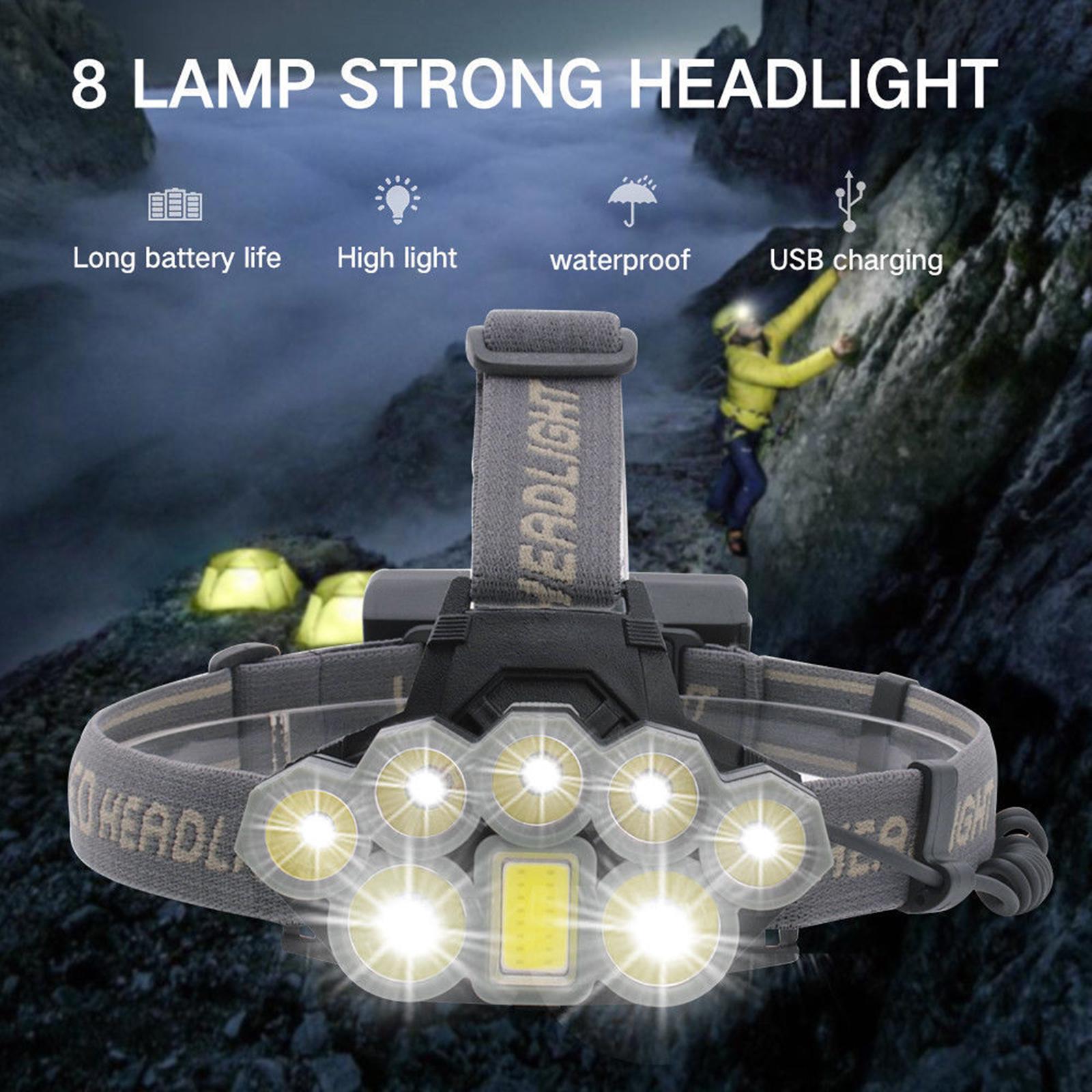 Headlamp Rechargeable 2 Batteries Waterproof 8 LED USB for Running Camping