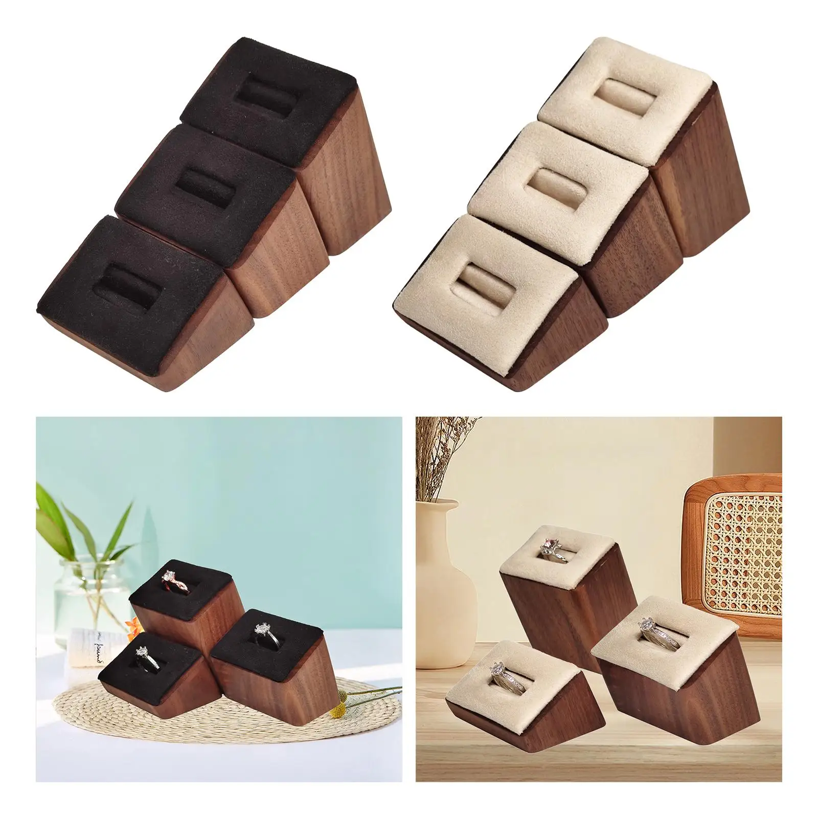 3 Pieces Ring Stand Wooden Jewelry Storage Rack Tray Showcase Freestanding Tabletop Bedroom Showcase Holder Rings Display Holder