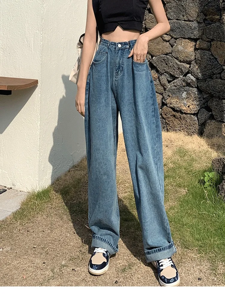 topshop jeans Mopping Daddy Pants Woman 2022 Autumn New High-waisted Thin Wide-leg Jeans Female Retro Straight Loose Baggy Jeans Women flare jeans