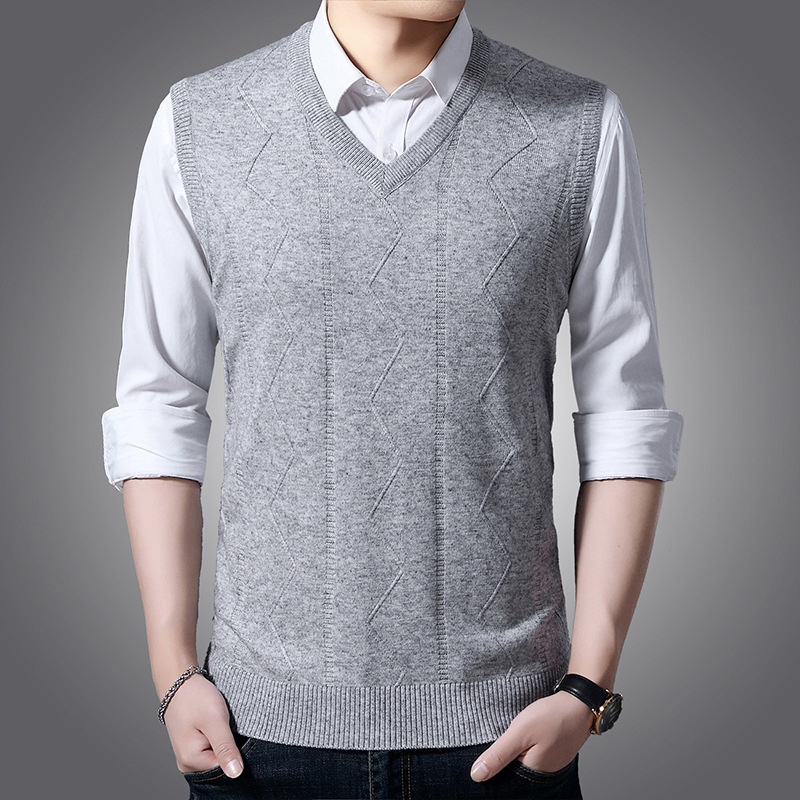 Description Picture 5 of item2023 New Autumn Men's Vest Knitted Sweater Korean Fashion Wool Sweater Vest Midlife Jacquard Business Casual V-neck Tank Tops