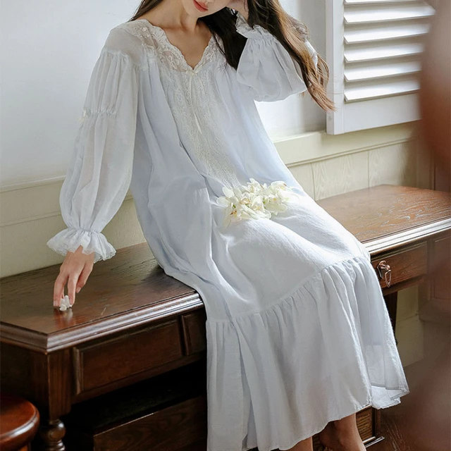 Pure Cotton Vintage Nightgown Women Spring Autumn Long Sleeve Lace