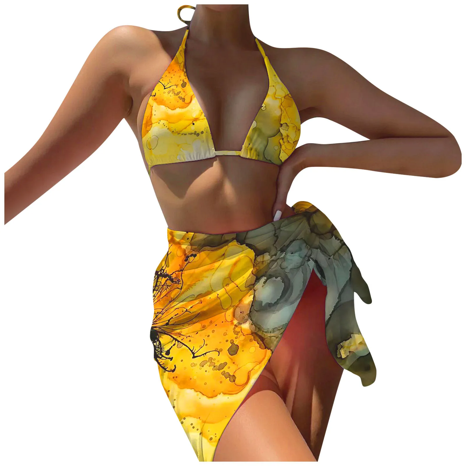 Sexy Beachwear With Sarong Bikini Set Female Swimsuit Women Swimwear Three-pieces Bikini Set Bather Bathing Suit Swimwear#g yellow bikini set