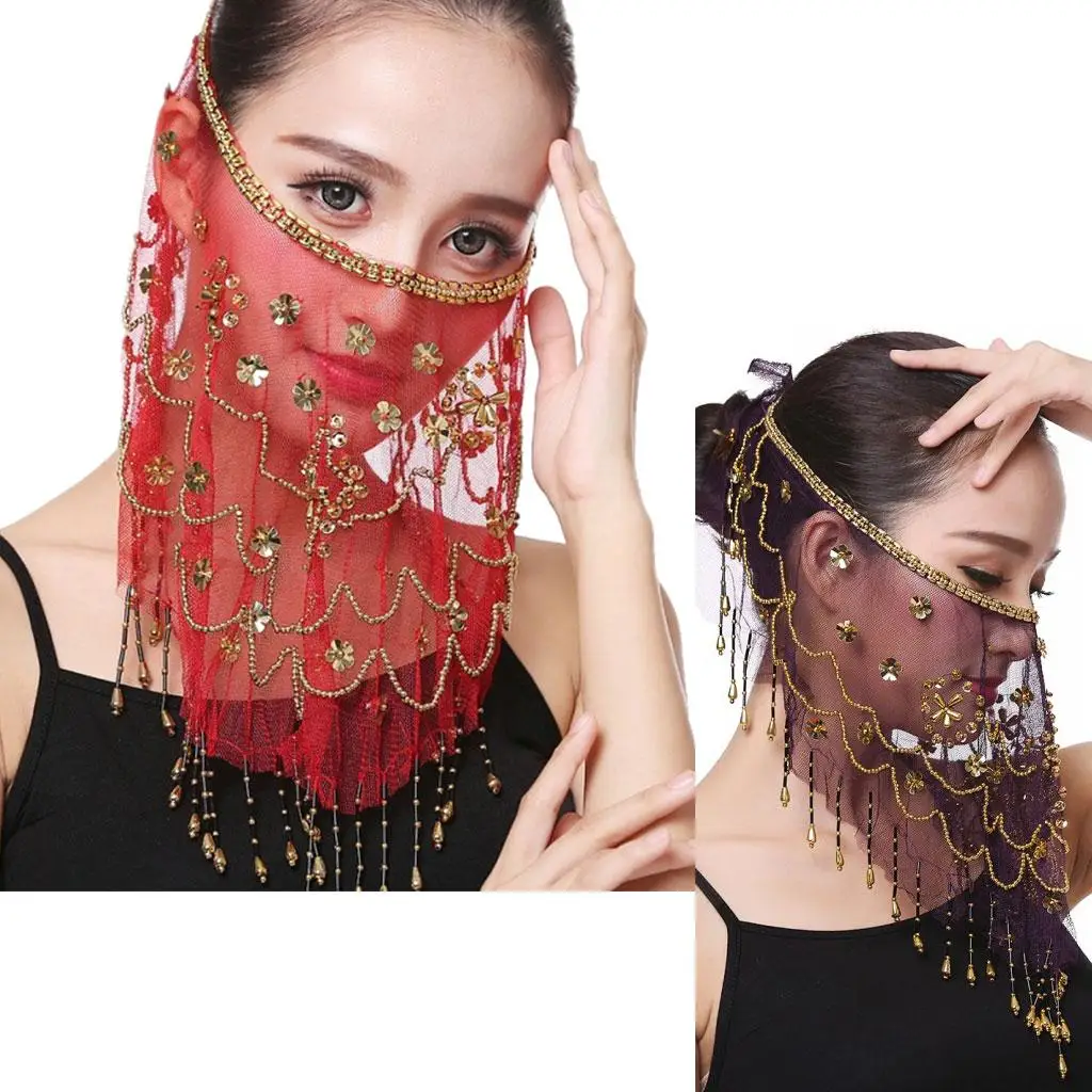High Quality Women`s Belly Dance Face Veil Chiffon Performance Head Scarf Headpiece Play Tassel Costume Beautiful with Sequins