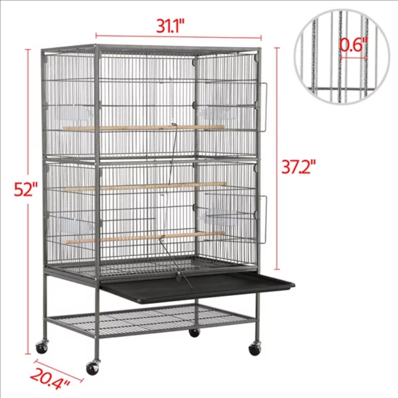 Title 3, Metal 52" Large Rolling Bird Cage with 3 Perche...