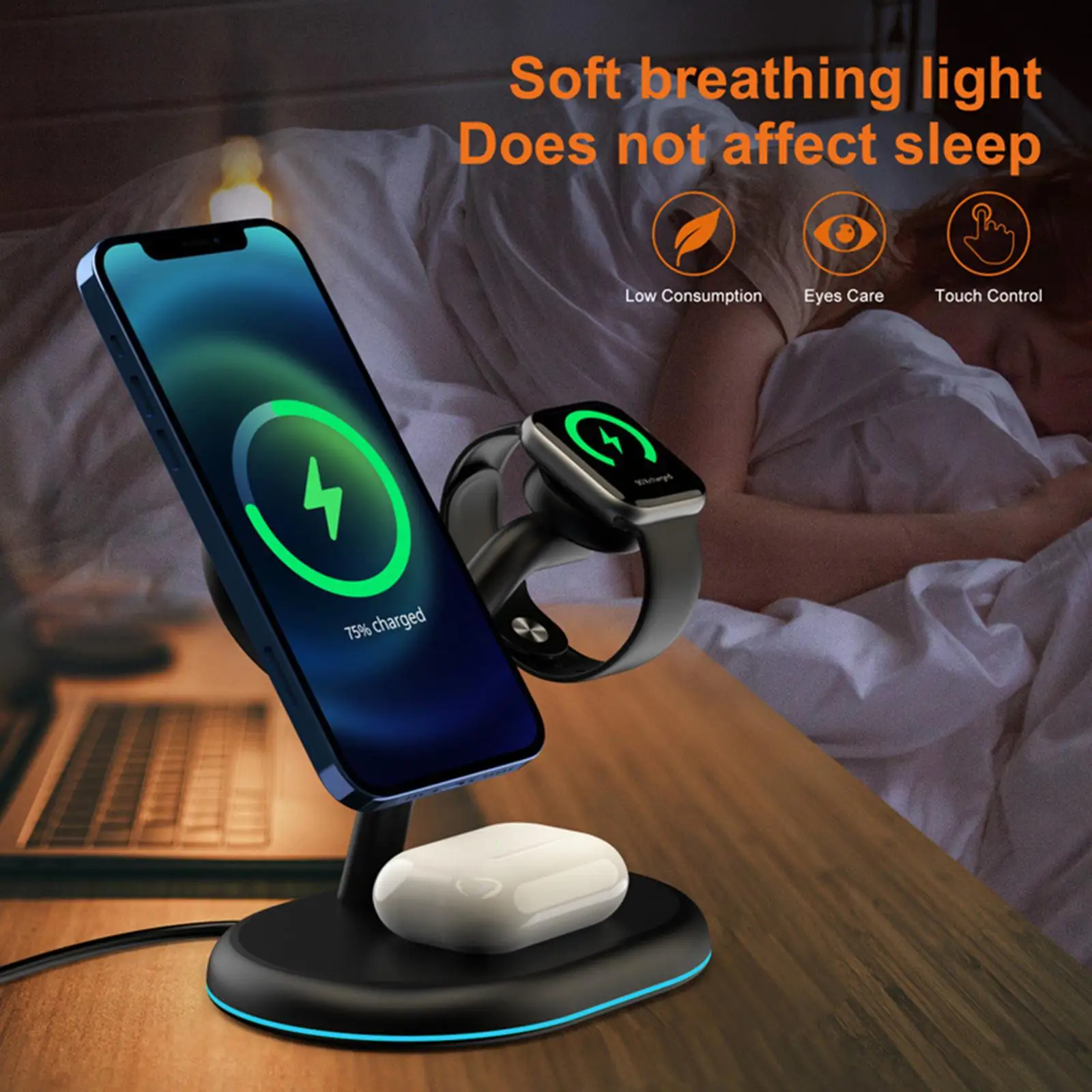 1 Piece 15W Bracket USB C Port ABS Charging Station Magnetic Wireless Charger 3 in 1 for Phone Watch Earphone Office Table Home