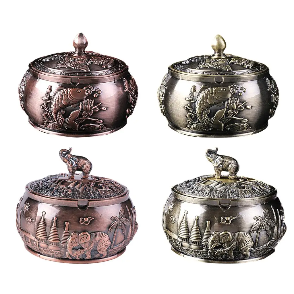 Retro Decorative Cigarette Ashtray Windproof Alloy Portable Indoor Outdoor Hand Carved Lucky for Men Women