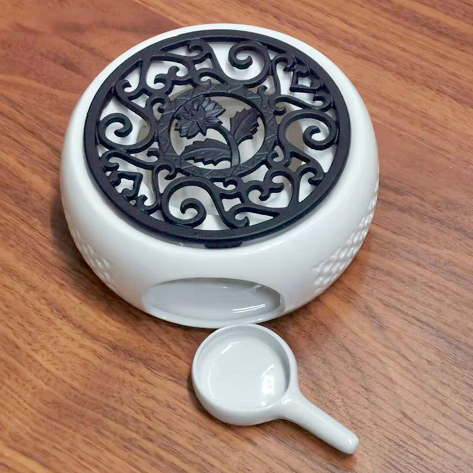 Round Ceramic Teapot Warmer Tealight Furnace with Candle Tray Heater Trivet Dish Cup Heat Pot for Heating Coffee Milk or Tea