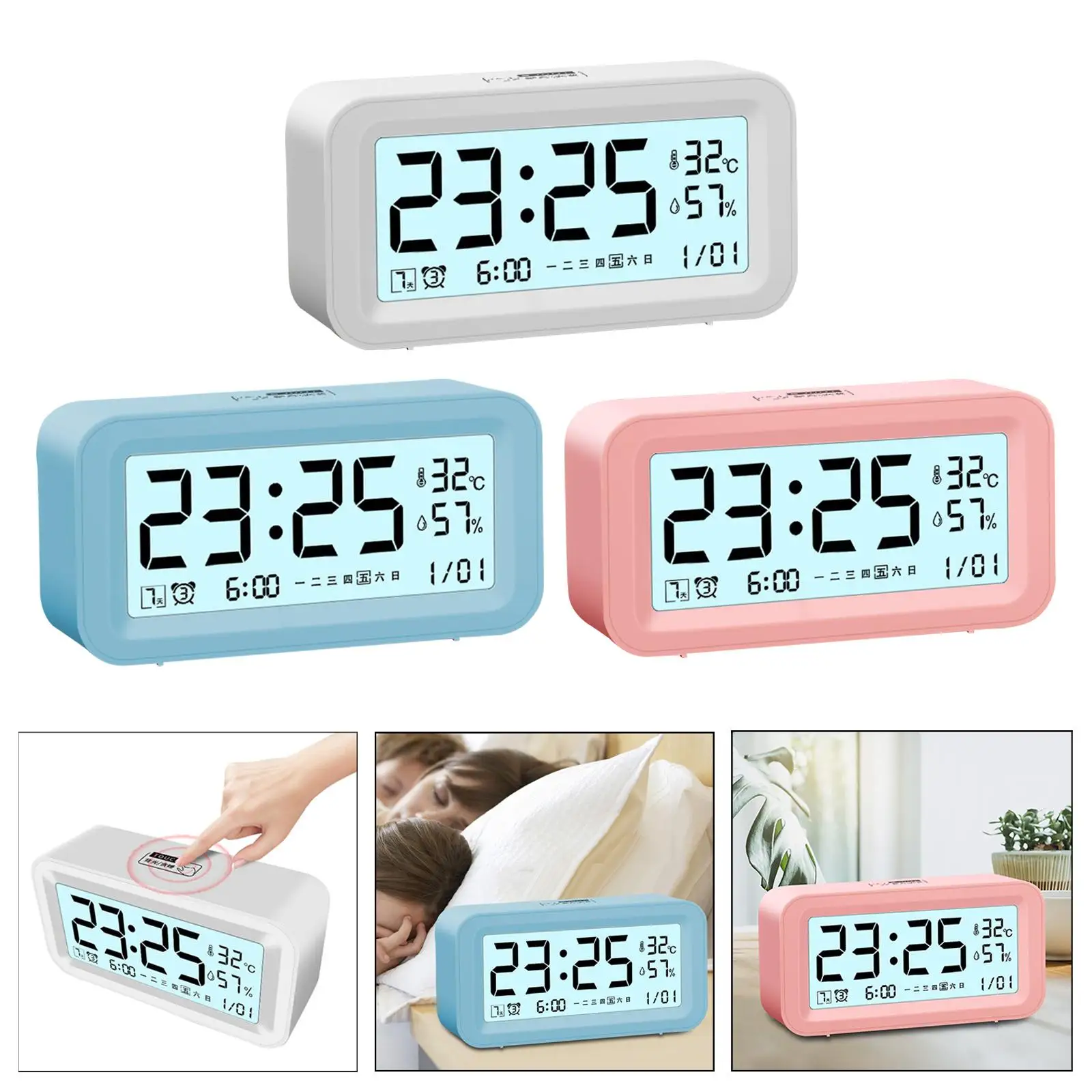 Digital Alarm Clock Touch Backlight with Temperature Humidity Date for Home Children
