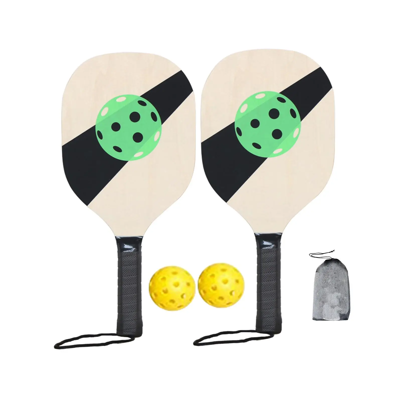 Wooden  Set 2 Paddles 2 Pickle Balls Beginner Racket Portable with