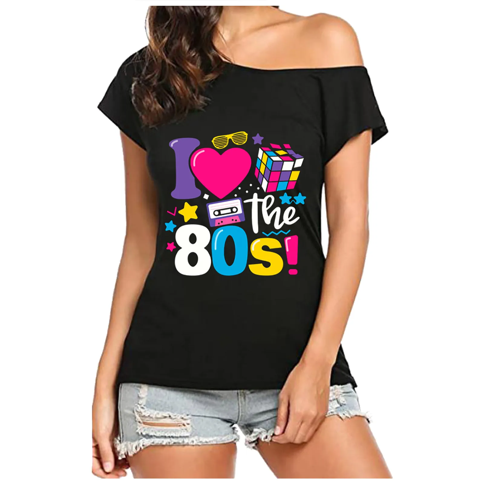 I Love The 80s Off The Shoulder Tops Female Summer Casual Short Sleeve Graphic Tees Streetwear Disco Costumes -S2273c060fdad4c36b6a6c7a3ae6eee71z
